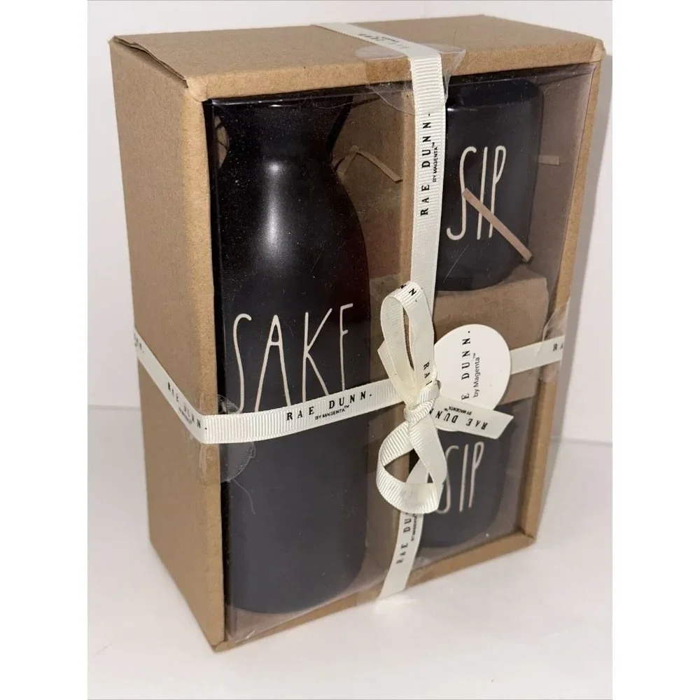 Rae Dunn SAKE Set AND‎ SIP Black Magenta Artisan Collection LL Sushi Brand New